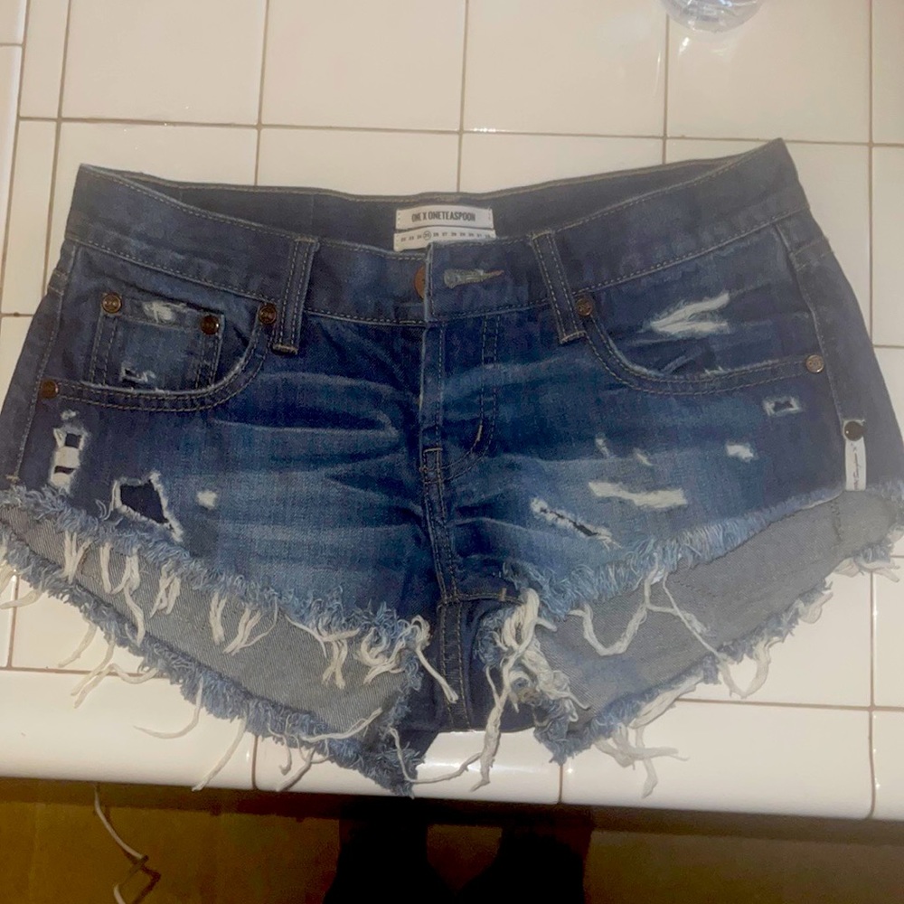 One Teaspoon Bonitas Denim Short medium rise button fly distressed raw hem 25